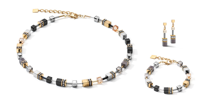 COEUR DE LION Geo Cube Black, Grey & Gold Necklace 2839/10-1216