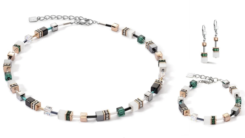 COEUR DE LION GeoCube Fresh White, Rose Gold & Emerald Necklace 4013/10-0521