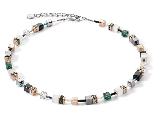 COEUR DE LION GeoCube Fresh White, Rose Gold & Emerald Necklace 4013/10-0521