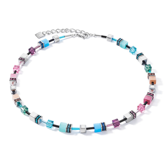 COEUR DE LION Geo Cube Soft Pink, Blue &amp; Shining Silver Necklace 2840/10-1544